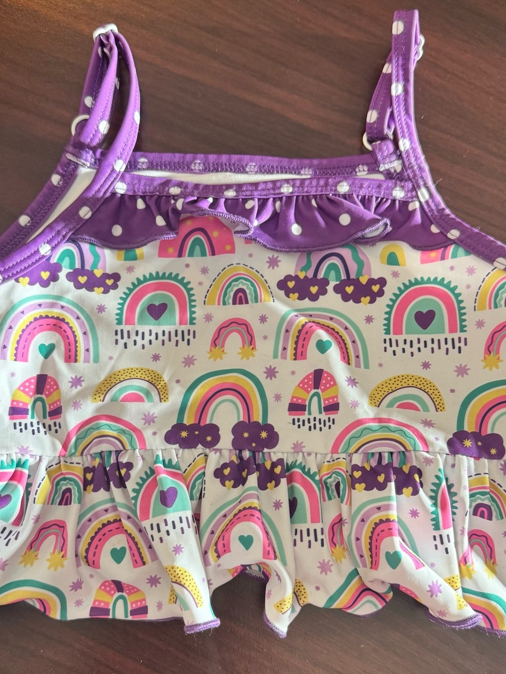 Girls Rainbow Ruffle Tankini Swim Top - Purple Trim